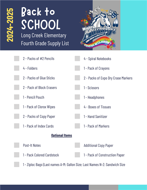 2023-2024 Fourth Grade School Supply List